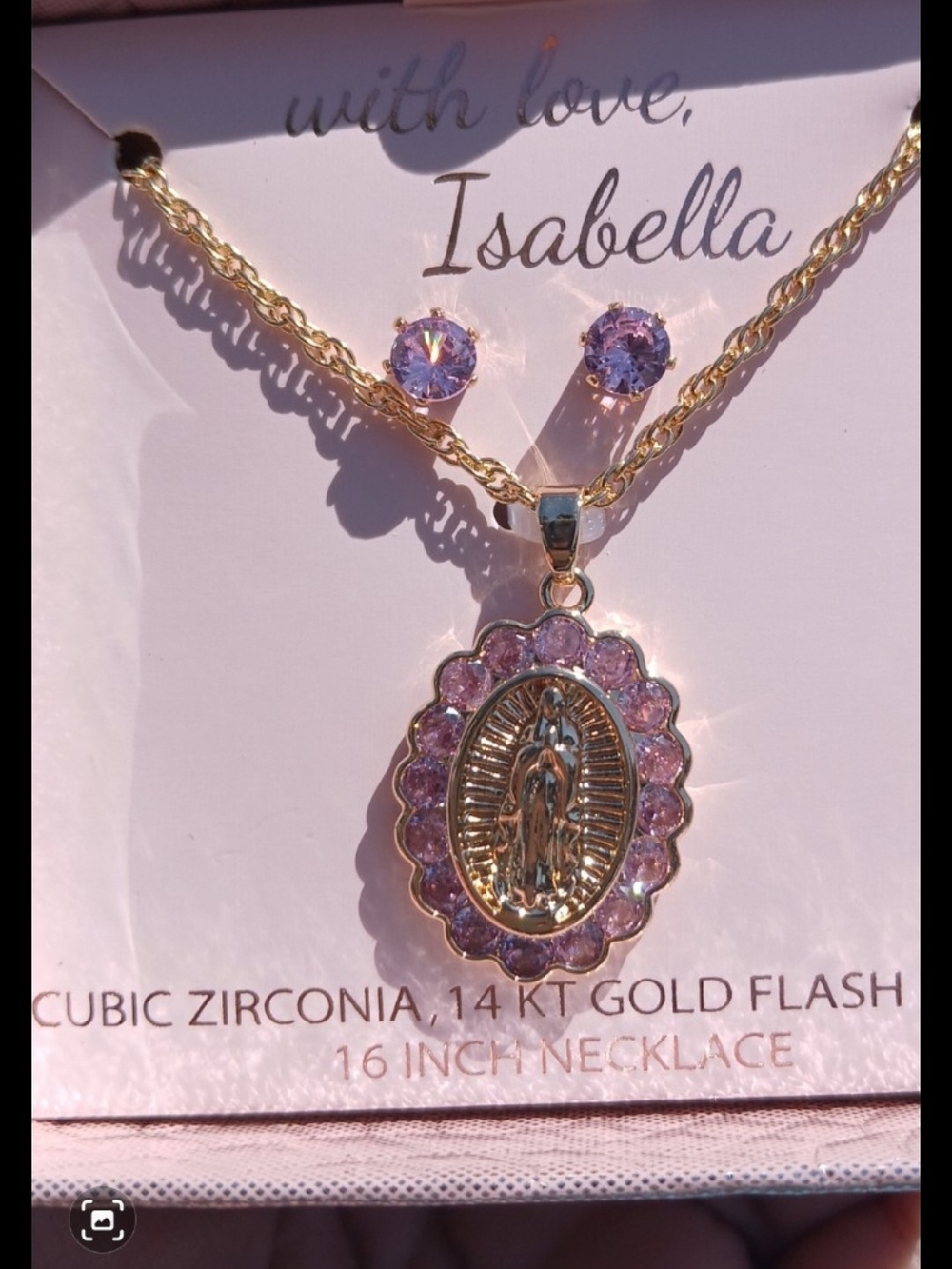 IsAbella 14kt Gold-flash Tone Pink Crystal Virgin Mary Necklace and Stud Set
